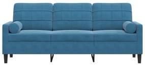 Sofá 3 lugares c/ almofadas decorativas 180 cm veludo azul