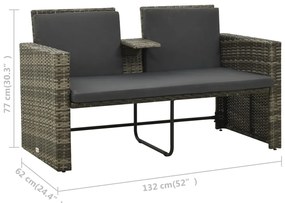 3 pcs conjunto lounge de jardim c/ almofadões vime PE cinzento