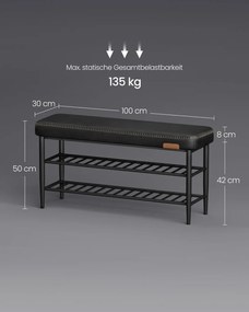 Banco entrada de arrumação da coleção EKHO com costuras, 30 x 100 x 50 cm, preto