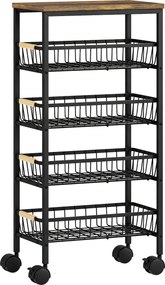 HOMCOM Carrinho Auxiliar com Rodas 4 Cestos Amovíveis 15 kg Estrutura Metálica para Sala de Jantar 40x24x81,5 cm Castanho Rústico | Aosom Portugal