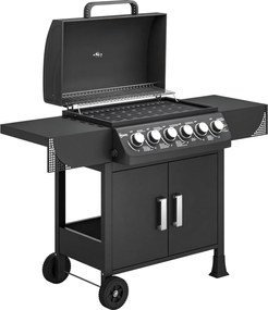 Outsunny Barbecue a Gás com 6 Queimadores 15 kW Termómetro Grelha de Aquecimento Bandeja de Gordura 2 Rodas 135x51x101 cm Preto | Aosom Portugal