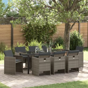 Conjunto de Jantar de Jardim com 9 Peças e Almofadas Cinza Rattan Poli