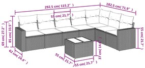 8 pcs conj. sofás jardim c/ almofadões vime PE cinzento-claro