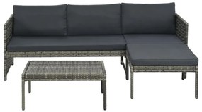 3 pcs conjunto lounge de jardim c/ almofadões vime PE cinzento