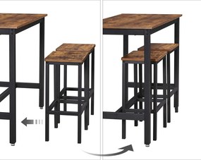 Conjunto Mesa de bar de aspeto industrial com 2 bancos de bar castanho vintage