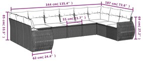 11 pcs conjunto sofás de jardim c/ almofadões vime PE castanho