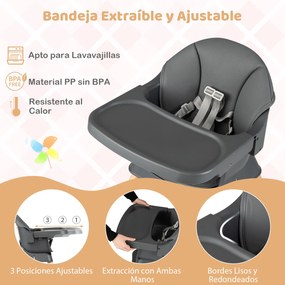 Cadeira de refeição evolutiva 9 em 1 com tabuleiro removível e lavável na máquina de lavar louça, pernas em madeira maciça, cinto de 5 pontos e almofa