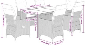 7 pcs conjunto de jantar p/ jardim c/ almofadões vime PE preto