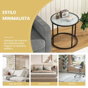 Mesa de apoio redonda de 50 cm com estrutura metálica e tampo de vidro com efeito mármore Preto e branco