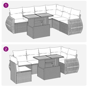 7 pcs conjunto de sofás p/ jardim c/ almofadões vime PE preto