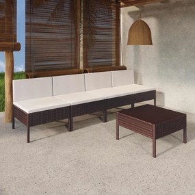 vidaXL 5 pcs conjunto lounge jardim c/ almofadões vime PE castanho