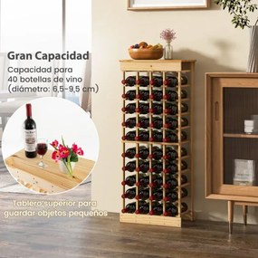 Garrafeira 10 níveis empilhável para 40 garrafas 750 ml Estante para vinhos em madeira de pinho 47 x 28 x 113 cm natural