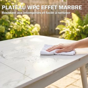 Mesa de jardim retangular para 4-6 pessoas  140 x 80 x 75 cm, tampo em WPC e estrutura em metal, pés ajustáveis, branca
