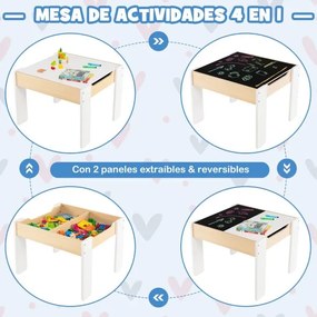 Conjunto de mesa para crianças e 2 cadeiras Mesa de actividades de madeira 4 em 1 para arte, desenho e leitura Quadro negro amovível Branco