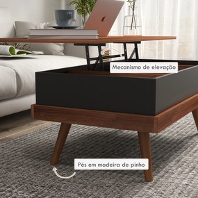 Mesa de Centro Elevatória com 3 Compartimentos de Armazenamento Ocultos e Pés de Madeira 100x79x54 cm Castanha e Preto
