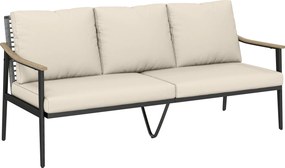 Outsunny Sofá de jardim 3 lugares em rattan Lounge com almofadas removíveis Apoios de braços efeito madeira Estrutura em aço Caqui | Aosom Portugal