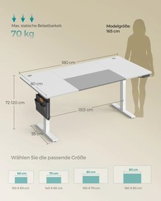 Secretária com altura ajustável eletricamente 180 x 80 x (72-120) cm branco nuvem-cinza
