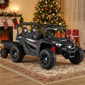 Carro eletrico para crianças 12V com reboque destacável a bateria com 3 velocidades Luzes LED Música Preto