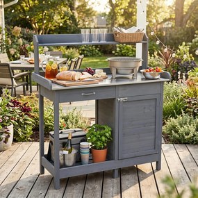 Mesa de Jardinagem, 112 x 46,5 x 125 cm, Tampo em Aço Inoxidável, Cinzento