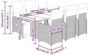 7 pcs conjunto bistrô de jardim c/ almofadões vime PE castanho