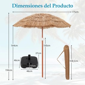 Conjunto de Guarda-Sol de Palha e Base Enchível, Inclinação e Altura Reguláveis, Natural