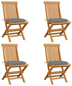 vidaXL Cadeiras de jardim c/ almofadões cinzentos 4 pcs teca maciça