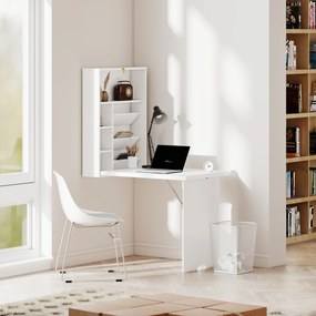 Secretária dobrável de parede, mesa dobrável de parede com prateleiras para sala de estar, sala de jantar, escritório, 93,8 x 60 x 147 cm, branco