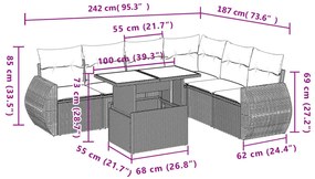 7 pcs conjunto de sofás jardim c/ almofadões vime PE castanho