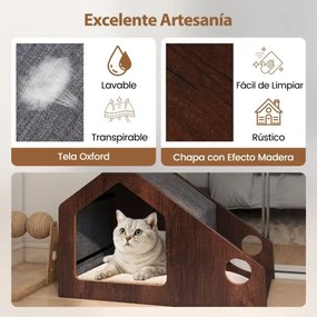 Casa de madeira para gatos 60 x 40 x 40 cm de interior com comedouro Teto removível e estrutura metálica  Castanho
