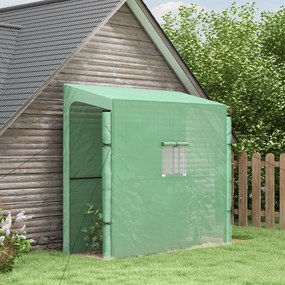 Estufa de jardim encostada à parede para cultivo de tomate 200 x 80 x 200/180 A cm, com 2 portas enroláveis com fecho de correr, 1 janela, verde