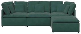 Sofá modular com pufes e almofadas veludo verde-escuro