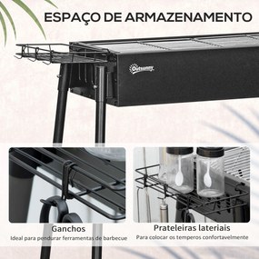 Grelhador a Carvão com 2 Grelhas de Aço Inoxidável Portátil com 2 Prateleiras para Temperos com Ganchos 77x30x70 cm Preto