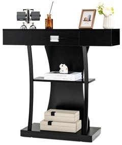Mesa consola em forma de T com gaveta e Estantes moderna 91 x 30 x 88 cm Preta