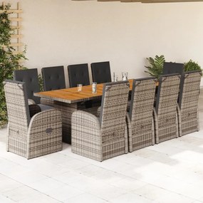 vidaXL 11 pcs conjunto jantar p/ jardim c/ almofadões vime PE cinzento