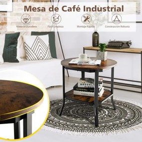 Mesa de centro redonda de 2 níveis Mesa de apoio de sofá industrial multiusos para sala de estar 50 x 50 x 49,5 cm Castanho