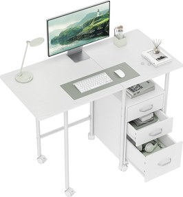 Secretária de computador dobrável com rodas 105 x 51 x 75,5 cm, secretária com espaço de arrumação, 3 gavetas, tampo extensível, branca