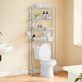 Estante para casa de banho sob sanita 30 x 63 x 176 cm com 4 prateleiras e ganchos, cinzento