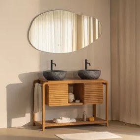 Conjunto De Móvel De Casa De Banho Em Madeira De Teca Bradley 2 X Irregular Em Cimento Preto ??40 Cm Fedro & Led Irregular E Antiembaciamento - Sklum