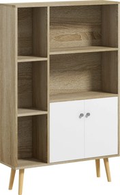 Estante escandinava, 80 x 23,5 x 123  cm, 5 compartimentos abertos, armário com 2 portas, pés afilados e inclinados cor de carvalho