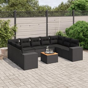 10 pcs conjunto sofás de jardim c/ almofadões vime PE preto