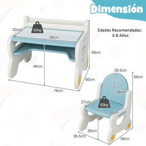 Conjunto de mesa e cadeira de desenho para crianças para actividades para crianças com canetas para aguarela Apagador quadro branco Azul