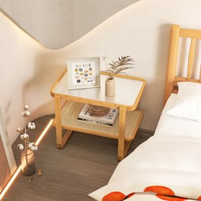 Mesa lateral de bambu de 2 camadas com prateleira de vime PE com tampo de vidro para sala de estar, quarto 70,5 x 44,5 x 54,5 cm natural