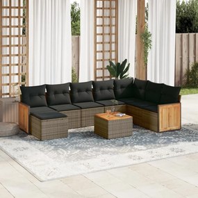 9 pcs conjunto sofás p/ jardim com almofadões vime PE cinzento