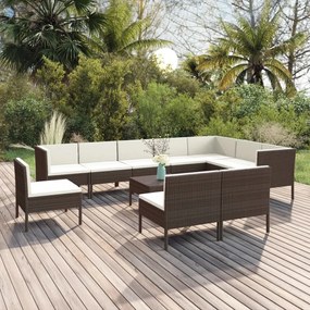 vidaXL 11 pcs conjunto lounge jardim c/ almofadões vime PE castanho