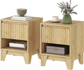 Conjunto de 2 mesas de cabeceira estreitas  43 x 40 x 55 cm, mesa auxiliar com compartimento aberto e 1 gaveta, painéis canelados,, acabamento natural
