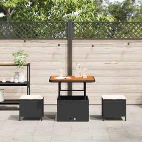 Conjunto de Jantar de Jardim com 3 Peças e Almofadas Preto em Rattan S
