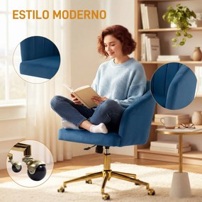 Cadeira de Escritório com Rodas de Veludo com Encosto Acolchoado Altura Ajustável e Espuma de Alta Resiliência Azul