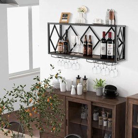 Garrafeira de parede para 39 garrafas de vinho Estante para vinhos com suporte para garrafas e 12 copos para cozinha Sala de jantar 100 x 25 x 45 cm C