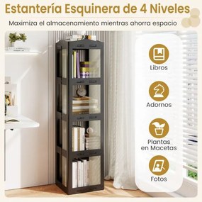 Estante com base giratória giratória 360° com 4 níveis em Plástico dobrável 36,5 x 36 x 141,5 cm com prateleiras Preta