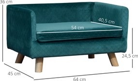 Sofá-cama para cães com design escandinavo, almofada macia e pés em madeira maciça; dimensões: 64 x 45 x 36 cm; veludo azul-pato